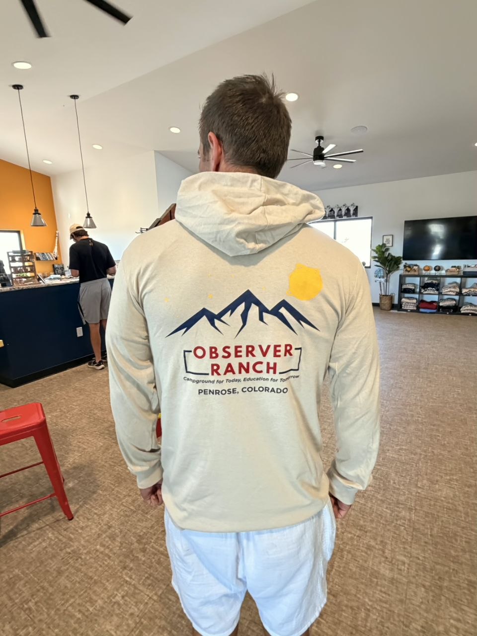 Observer Ranch cream hooded shirt, mountain logo back print