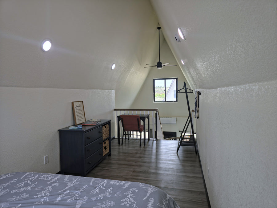 Loft, wide view, in Sirius A-frame cabin at Observer Ranch