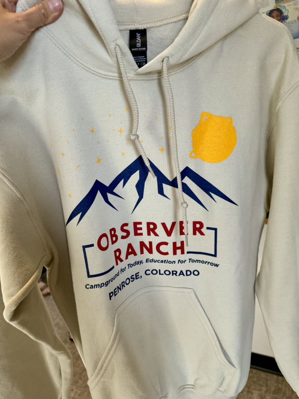 Observer Ranch cream hooded shirt with mountain logo