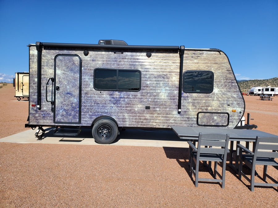 Mercury planet camper with cratered surface vinyl wrap full side exterior